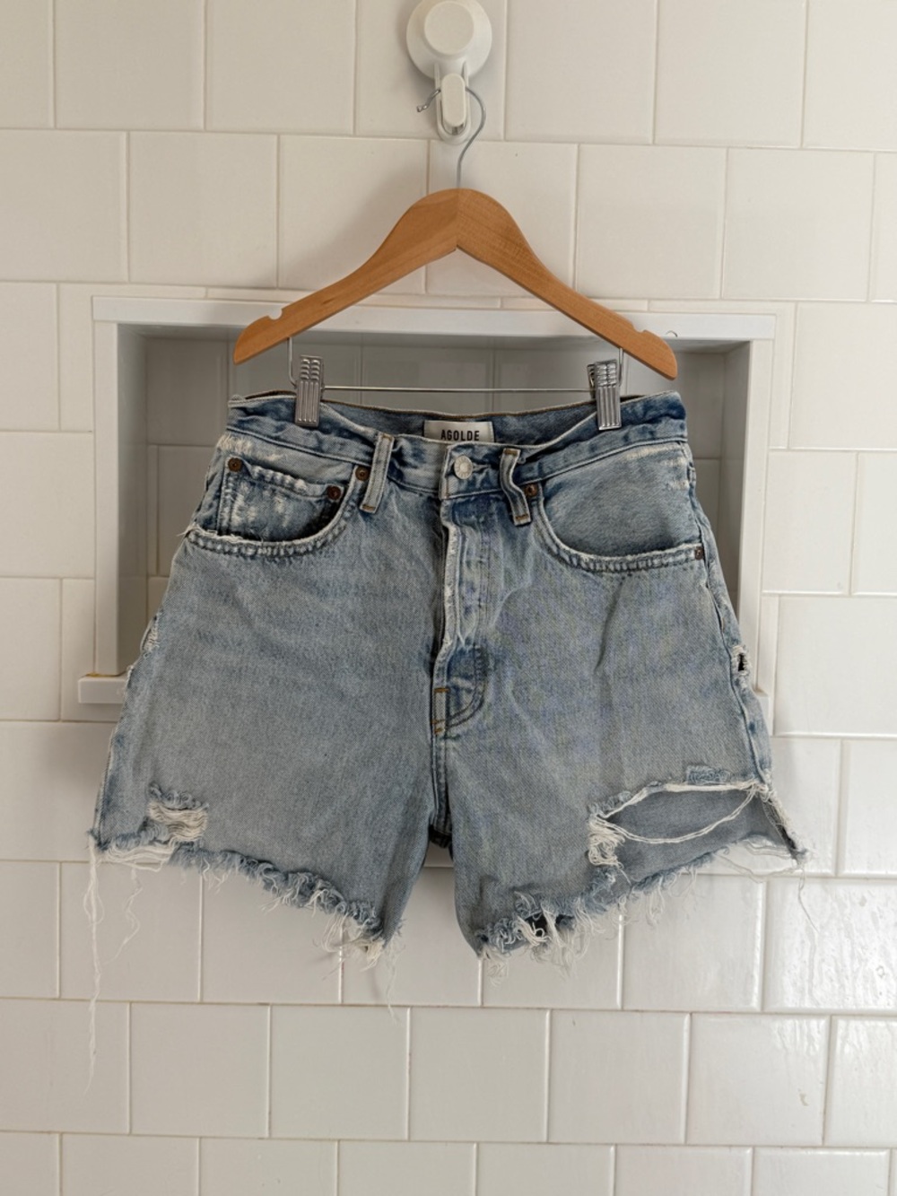 AGOLDE Riley Light Blue Distressed High-Rise Denim Shorts